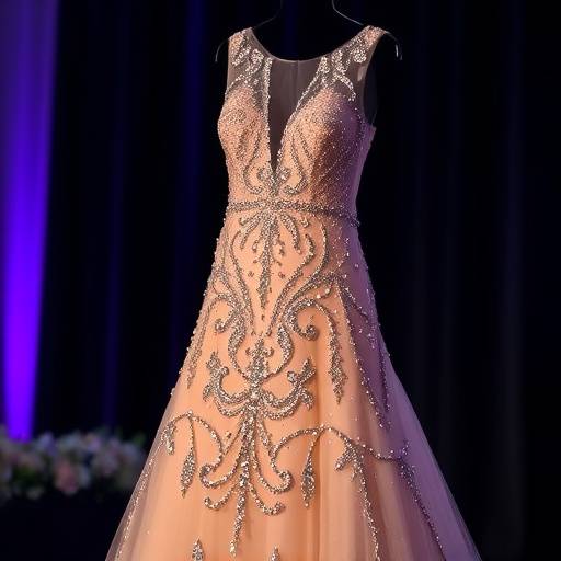 Dettaglio di un abito da sera scintillante con applicazioni di cristalli