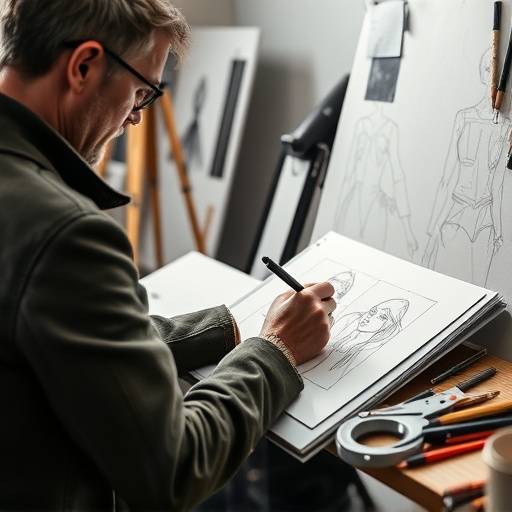 Un designer al lavoro nel suo atelier, intento a disegnare un nuovo modello