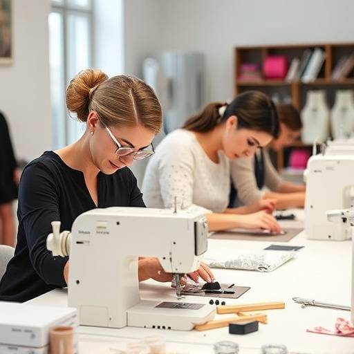 Un gruppo di sarte che lavorano a mano in un laboratorio di alta moda