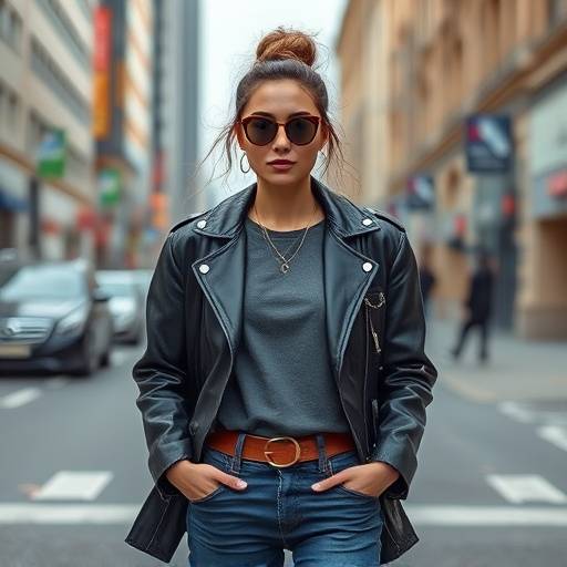 Una modella che posa con un outfit casual chic in un ambiente urbano